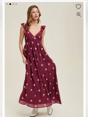 Pinkblush Wine Floral Ruffle-Shoulder Maxi Dress